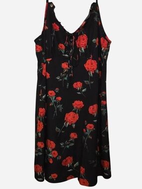 SHEIN Curve Black Midi Slip Dress w/Red Rose Print Ruffule & Tie Detail